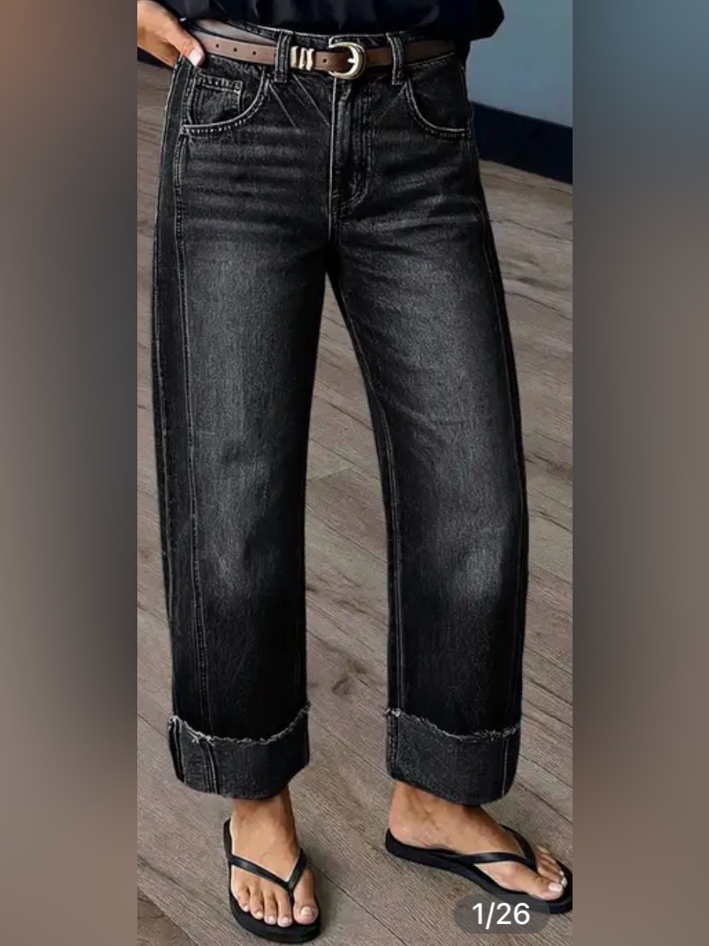 Flamingals Wash Seam Front Roll Raw Hem Mid Rise Straight Leg Crop Jeans in Blac